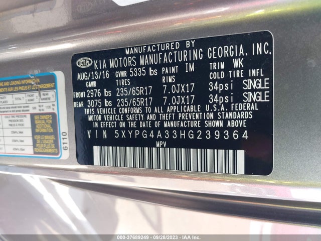 KIA SORENTO LX 2017 5XYPG4A33HG239364 Image 9
