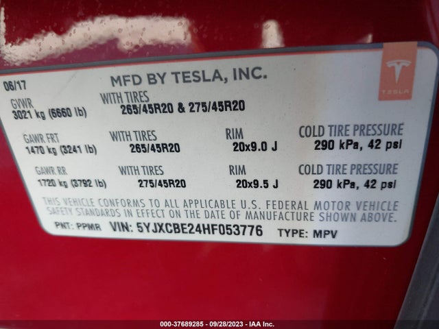 Tesla Model X 90d/75d/100d 2017 5YJXCBE24HF053776 Image 9
