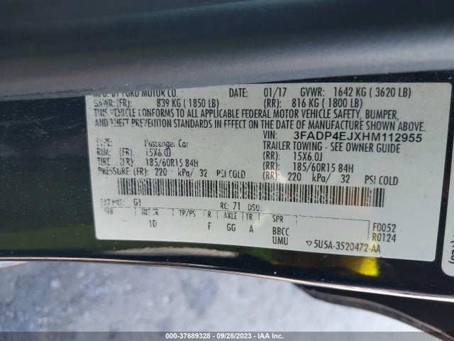 2017 FORD FIESTA SE VIN: 3FADP4EJXHM112955