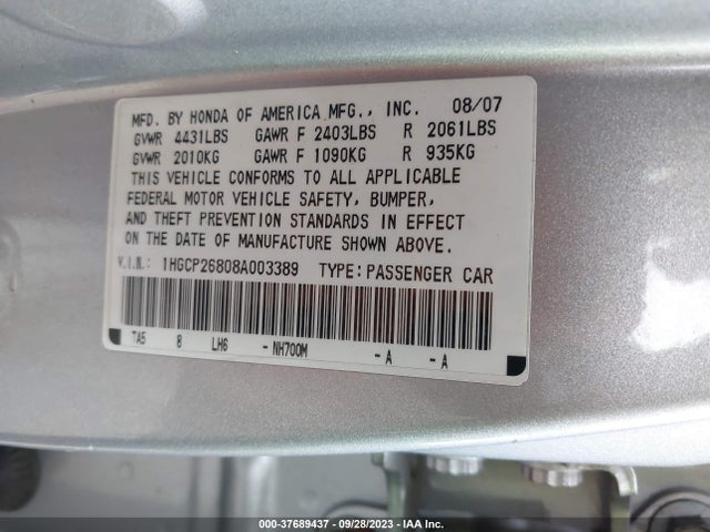 Aukcja sprzedaży 2008 Honda Accord Sdn Ex-l, vin: 1HGCP26808A003389, numer aukcji: 37689437