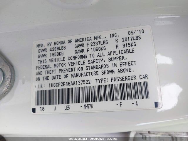 2010 HONDA ACCORD SDN LX-P VIN: 1HGCP2F46AA137522