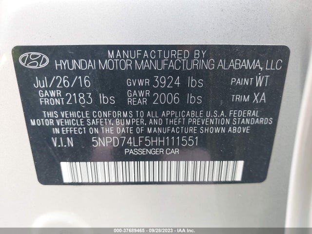 2017 HYUNDAI ELANTRA SE VIN: 5NPD74LF5HH111551