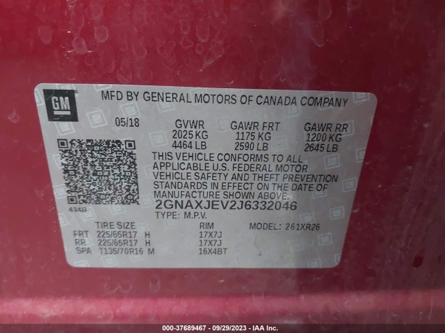 Chevrolet EQUINOX LT 2018 2GNAXJEV2J6332046 Image 9