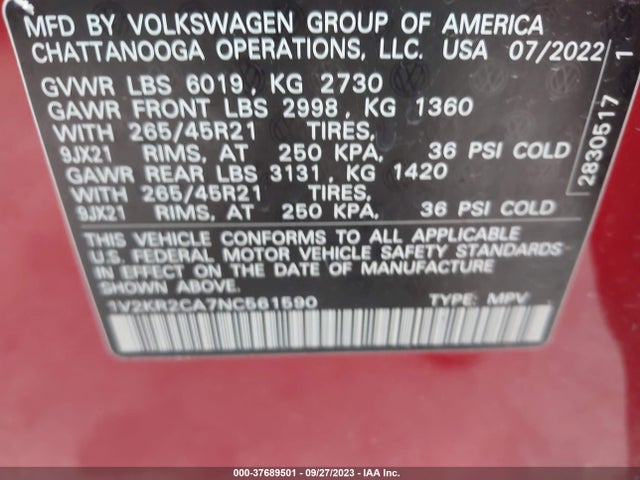 1V2KR2CA7NC561590 Volkswagen Atlas 3.6l V6 Se W/technology