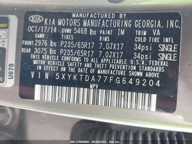 KIA SORENTO LX 2015 5XYKTDA77FG649204 Image 9
