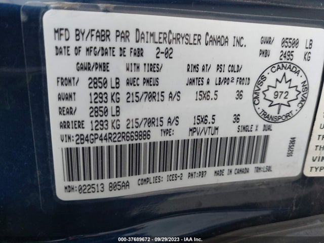 2002 DODGE CARAVAN SPORT VIN: 2B4GP44R22R669886