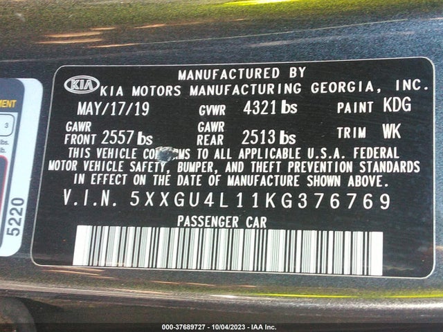 37689727 :رقم المزاد ، 5XXGU4L11KG376769 vin ، 2019 Kia Optima Ex مزاد بيع