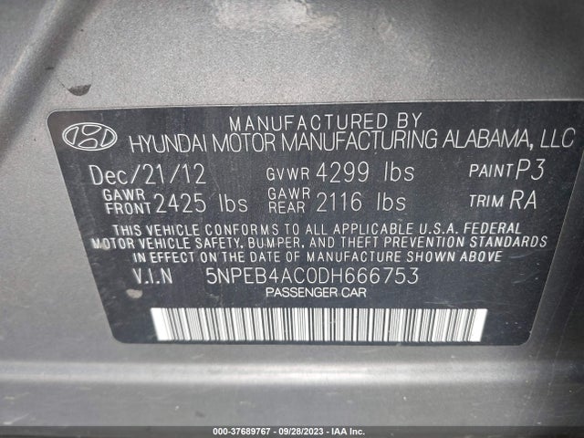 2013 HYUNDAI SONATA GLS VIN: 5NPEB4AC0DH666753