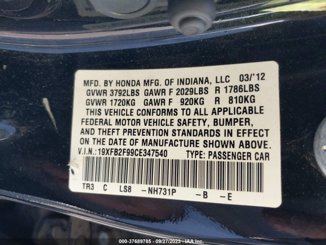 2012 HONDA CIVIC EX-L VIN: 19XFB2F99CE347540
