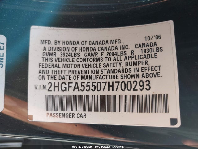 2007 HONDA CIVIC SI VIN: 2HGFA55507H700293