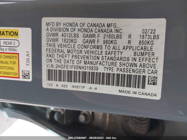 2022 HONDA CIVIC TOURING VIN: 2HGFE1F95NH315839