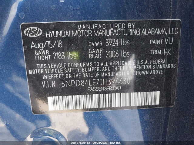 2018 HYUNDAI ELANTRA SEL VIN: 5NPD84LF7JH396630