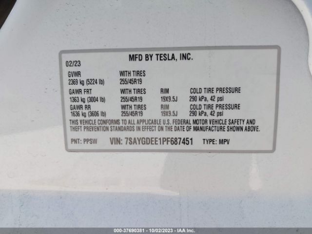 7SAYGDEE1PF687451 Tesla Model Y Awd/long Range Dual Motor All-wheel Drive