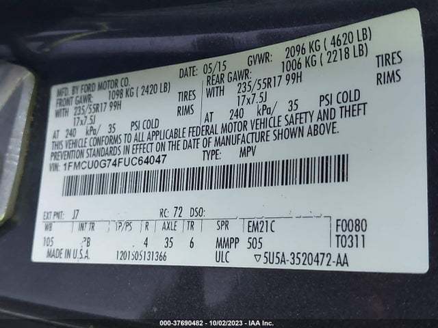 2015 FORD ESCAPE SE VIN: 1FMCU0G74FUC64047