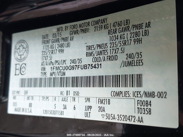 Ford ESCAPE SE 2015 1FMCU0G97FUB75431 Image 9