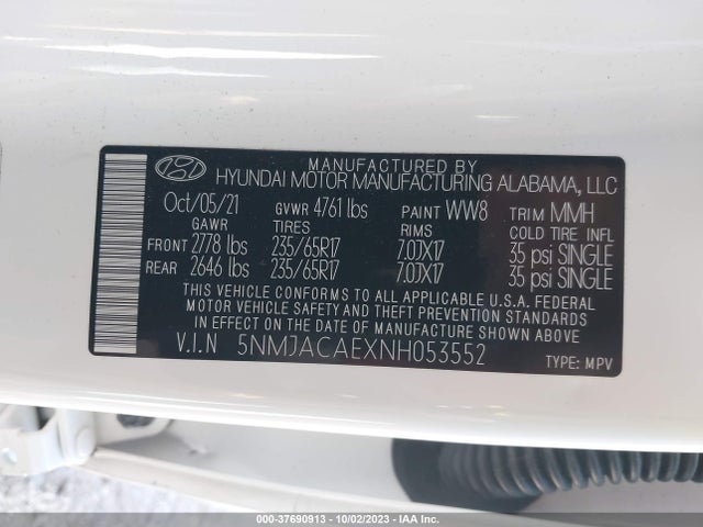 2022 HYUNDAI TUCSON SE VIN: 5NMJACAEXNH053552