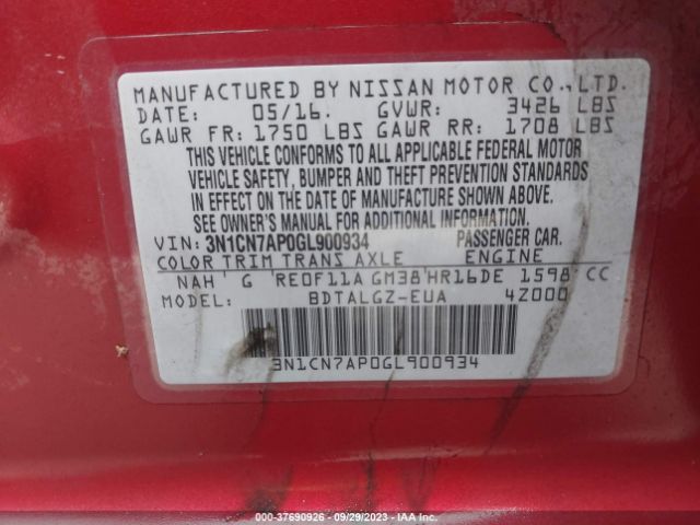 3N1CN7AP0GL900934 Nissan Versa Sl