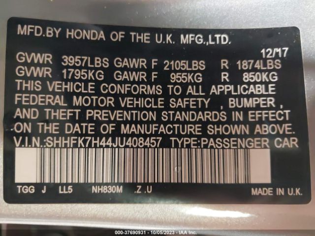 SHHFK7H44JU408457 Honda Civic Hatchback Sport