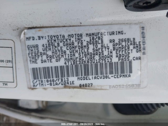 2003 TOYOTA CAMRY LE/SE/XLE VIN: 4T1BE32K03U127513