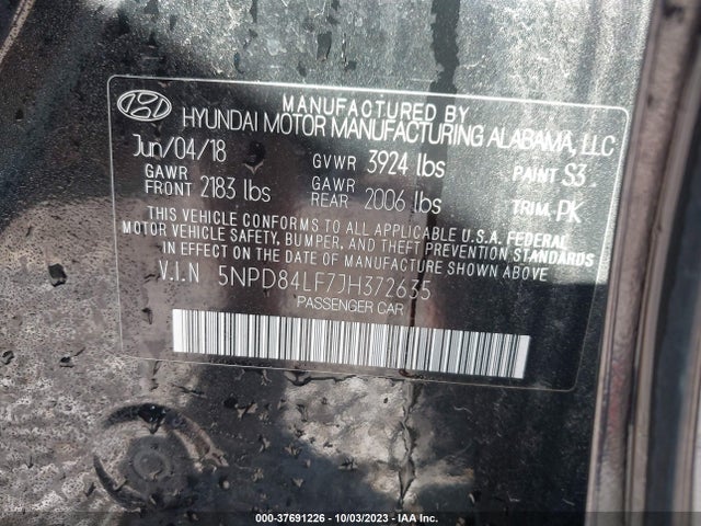 2018 HYUNDAI ELANTRA SEL VIN: 5NPD84LF7JH372635
