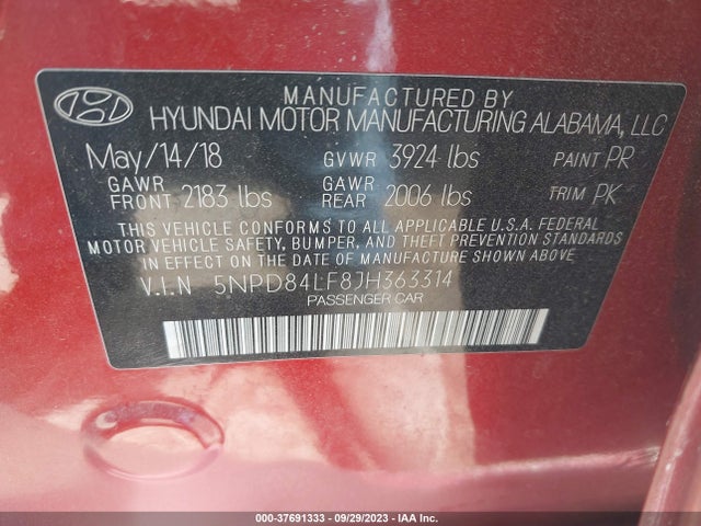 Hyundai ELANTRA SEL 2018 5NPD84LF8JH363314 Image 9