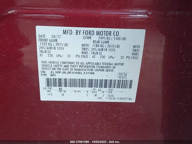 2LMPJ6JRXHBL33196 Lincoln Mkx Premiere
