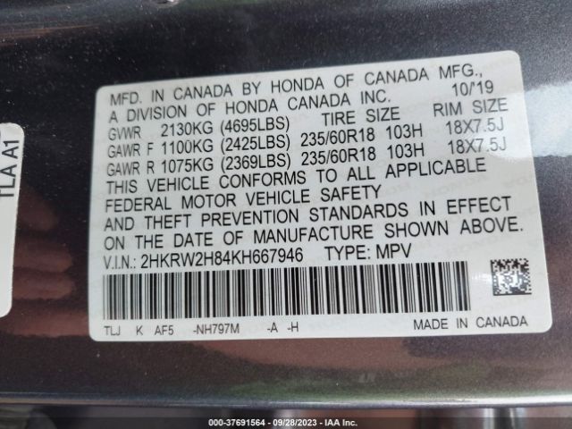 2HKRW2H84KH667946 Honda Cr-v Ex-l