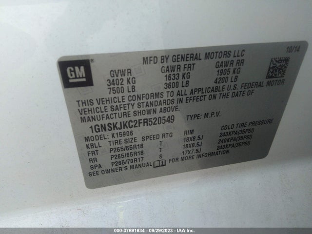 Chevrolet Suburban Lt 2015 1GNSKJKC2FR520549 Image 9