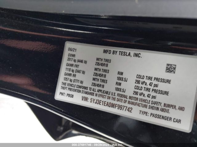 5YJ3E1EA0MF997742 Tesla Model 3 Standard Range Plus