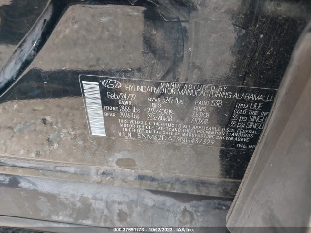 2022 HYUNDAI SANTA FE SEL VIN: 5NMS2DAJ3NH437399