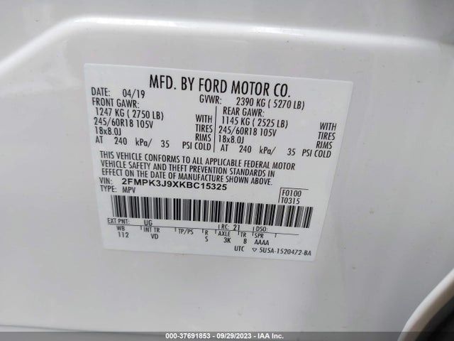 2019 FORD EDGE SEL VIN: 2FMPK3J9XKBC15325