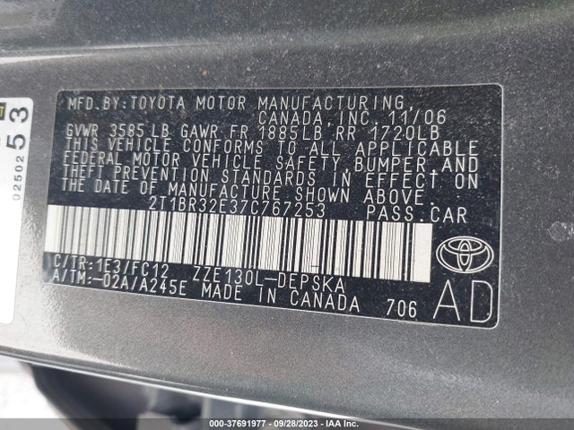 2007 TOYOTA COROLLA CE/S/LE VIN: 2T1BR32E37C767253
