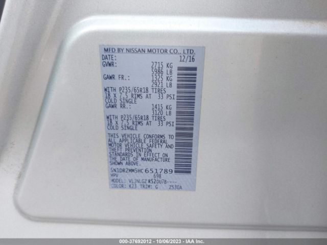 5N1DR2MM5HC651789 Nissan Pathfinder Sl