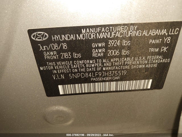 2018 HYUNDAI ELANTRA SEL VIN: 5NPD84LF9JH375519