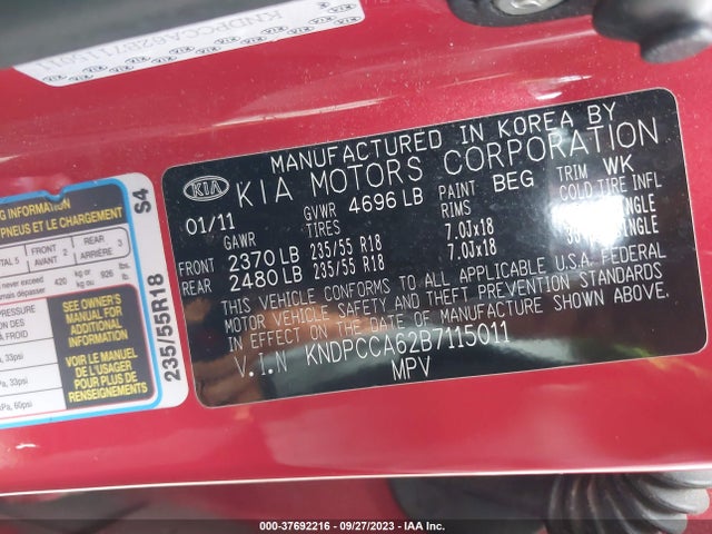 2011 KIA SPORTAGE SX VIN: KNDPCCA62B7115011