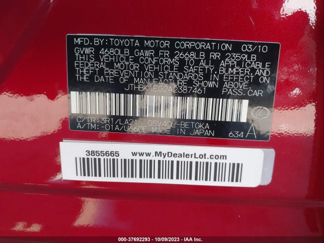 Aukcja sprzedaży 2010 Lexus Es 350, vin: JTHBK1EG2A2387461, numer aukcji: 37692293