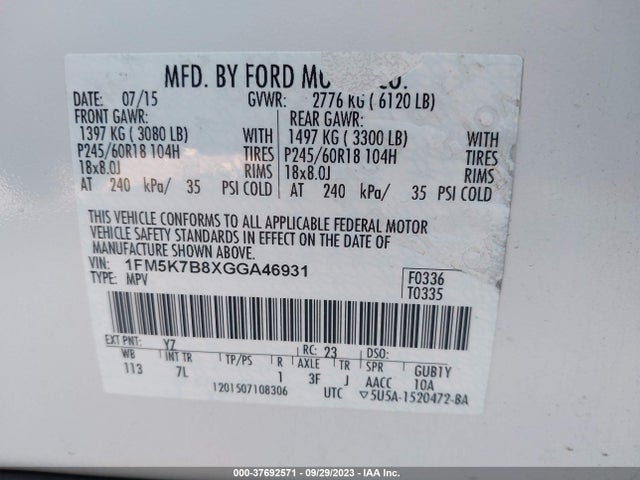 Ford Explorer Base 2016 1FM5K7B8XGGA46931 Image 9