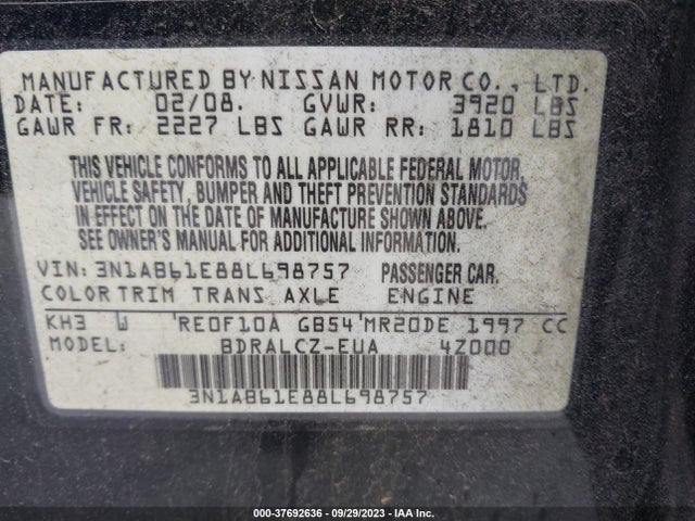 2008 NISSAN SENTRA 2.0 VIN: 3N1AB61E88L698757