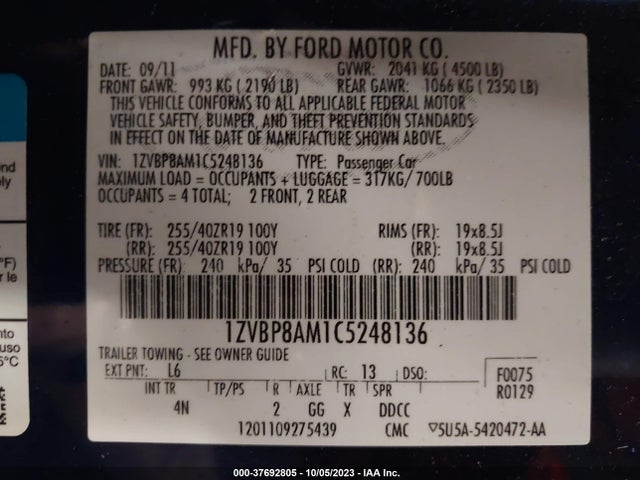 2012 FORD MUSTANG V6 VIN: 1ZVBP8AM1C5248136