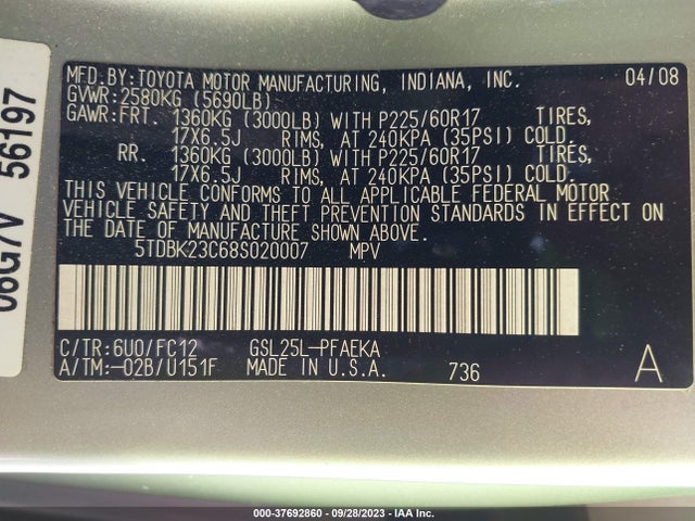 2008 TOYOTA SIENNA LE VIN: 5TDBK23C68S020007