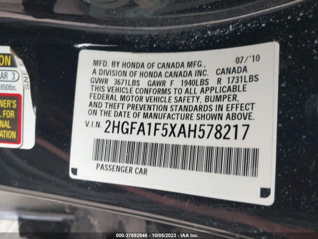 2010 HONDA CIVIC SDN LX VIN: 2HGFA1F5XAH578217