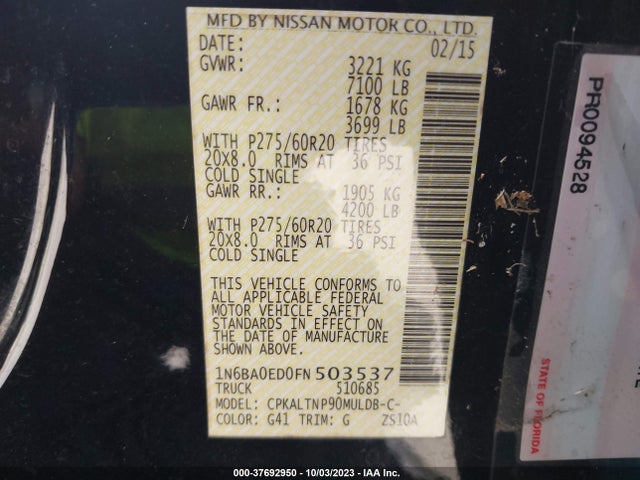 2015 NISSAN TITAN SV VIN: 1N6BA0ED0FN503537