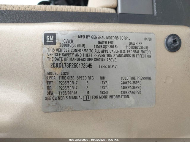 2006 PONTIAC TORRENT VIN: 2CKDL73F266173545