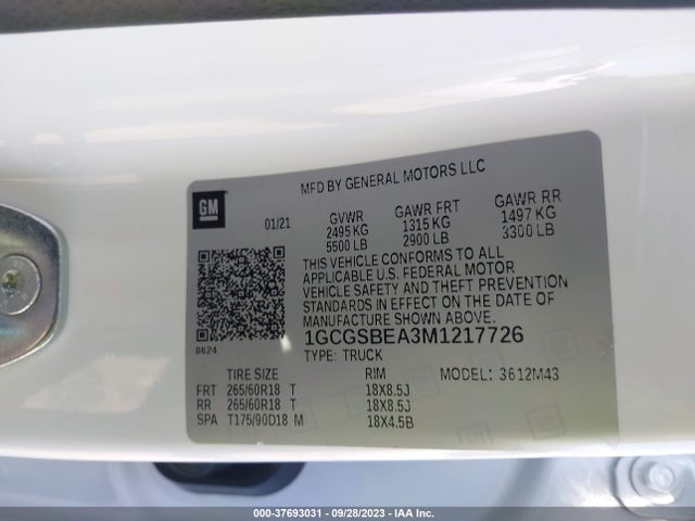 2021 CHEVROLET COLORADO 2WD SHORT BOX WT VIN: 1GCGSBEA3M1217726