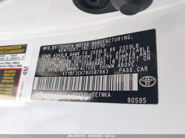 2011 TOYOTA CAMRY VIN: 4T1BF3EK7BU587663