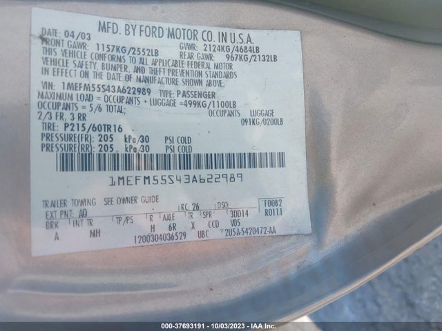 2003 MERCURY SABLE LS PREMIUM VIN: 1MEFM55S43A622989