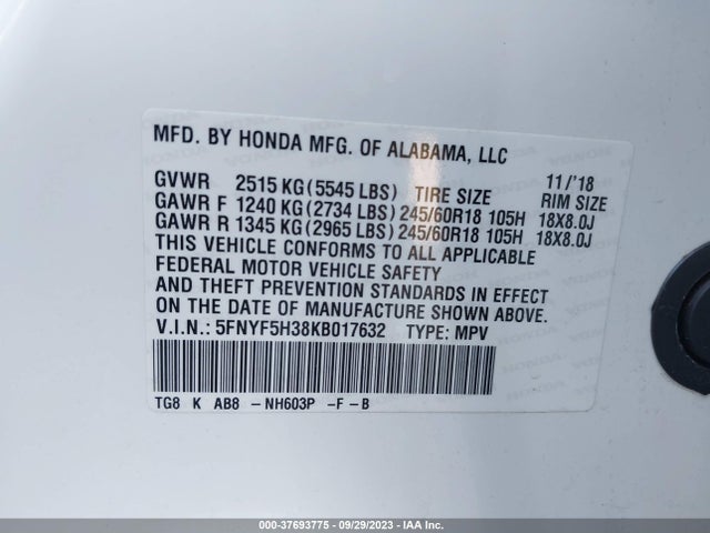 Honda Pilot Ex 2019 5FNYF5H38KB017632 Image 9