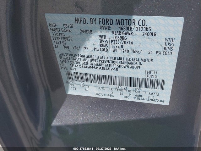 2008 FORD ESCAPE HYBRID VIN: 1FMCU49H68KB45749