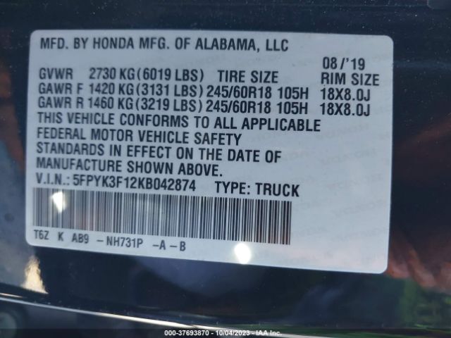 5FPYK3F12KB042874 Honda Ridgeline Sport