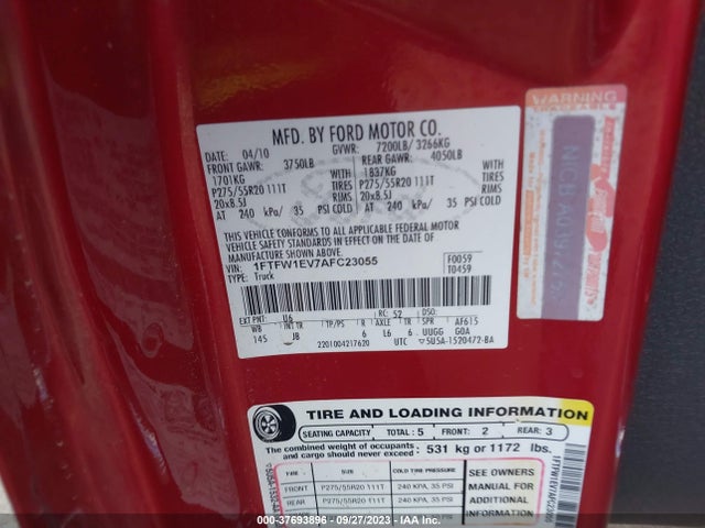 2010 FORD F-150 XL/XLT/FX4/LARIAT VIN: 1FTFW1EV7AFC23055